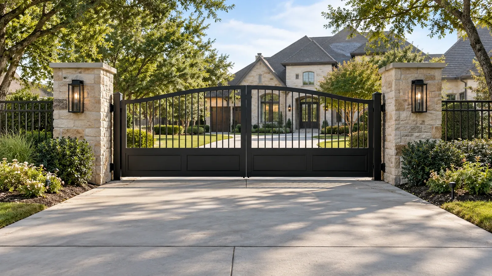 Black double driveway gate between stone columns at a residential property
