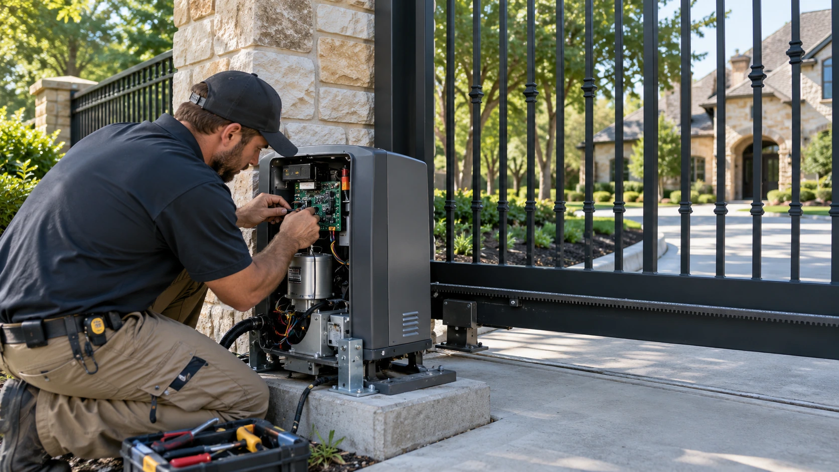 Technician servicing an automatic gate motor and operator