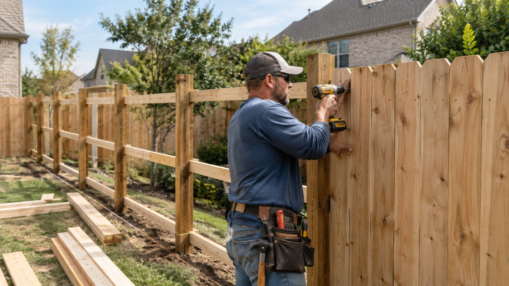 Fence contractor installing wood fence boards at a McKinney residential property